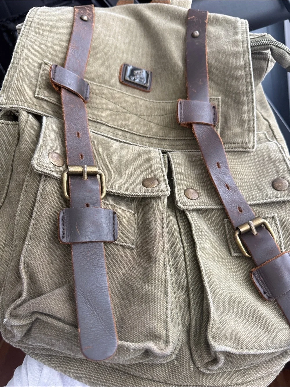 Canvas Backpack with Brown Leather Straps - Men Bags